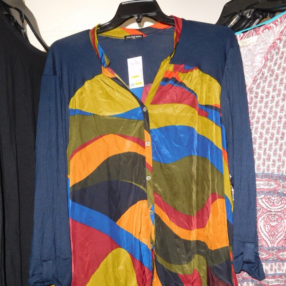 NWT 2X CHA CHA VENTE MIXED FABRIC BLOUSE MULTI PRINT SOLID KNIT SLEEVES